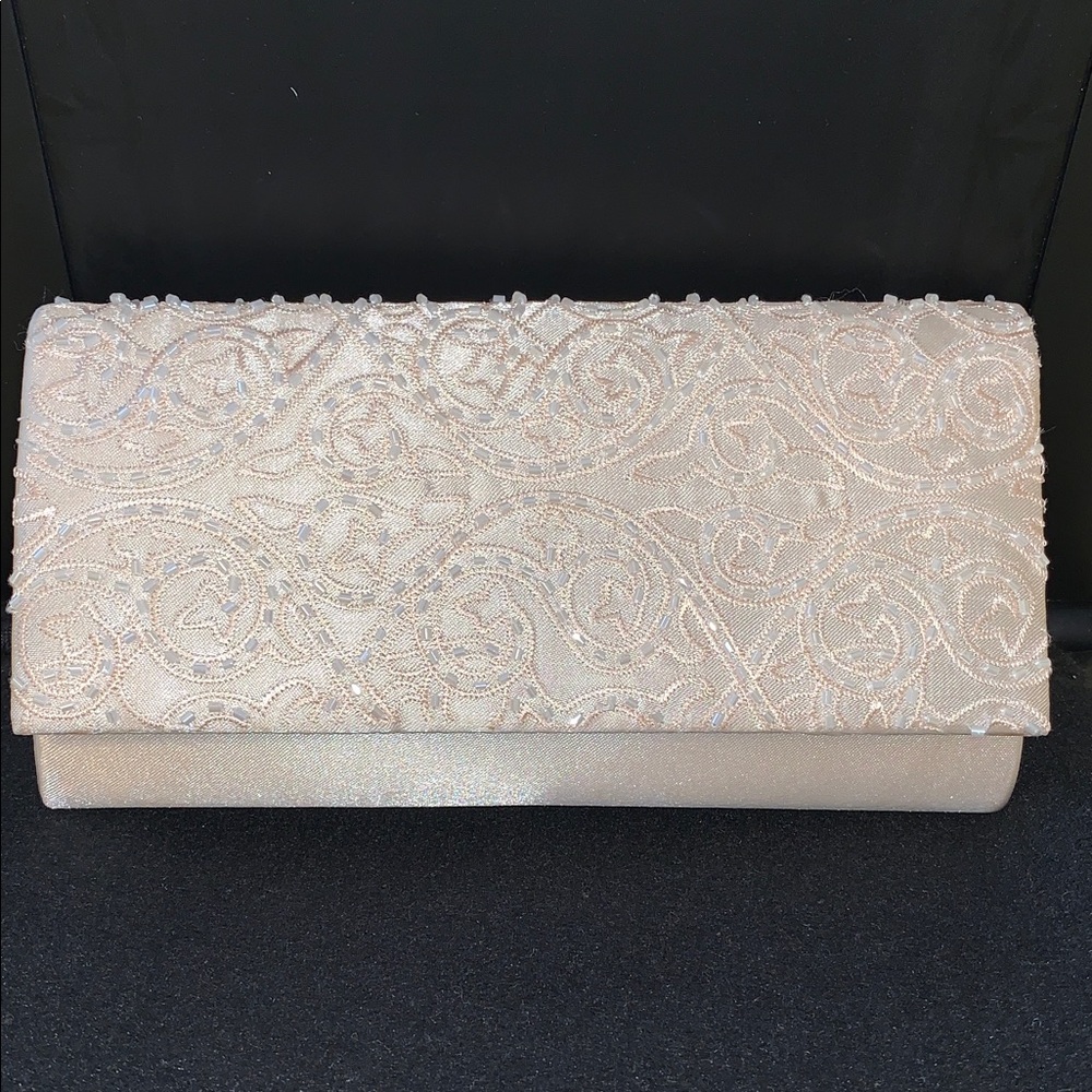 Elegant Beaded Embroidered Beige Clutch Combo Crossbody Bag